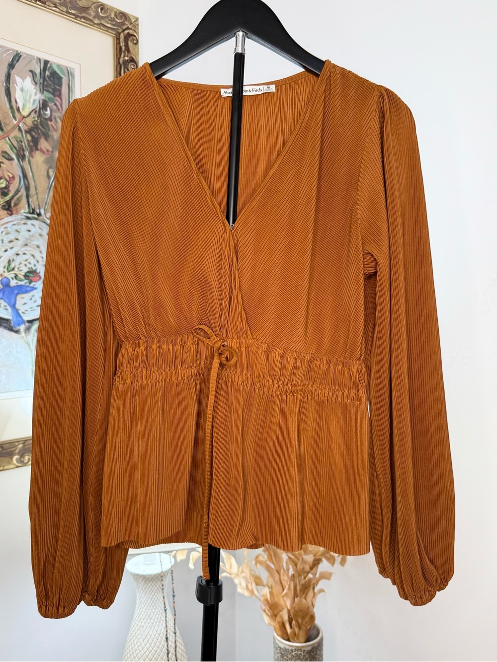 Abercrombie & Fitch Women M Rust Pleated Peplum Blouse V Neck Balloon Sleeve